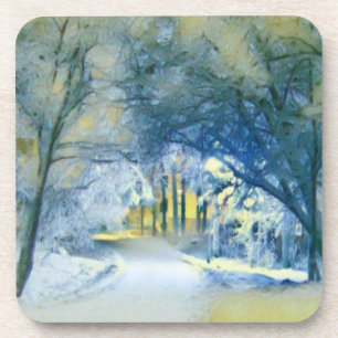 Modern watercolor of colored snowed trees coaster