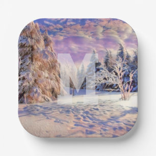 Modern watercolor of colored snowed trees paper plate