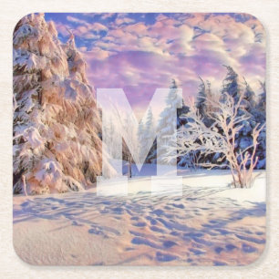 Modern watercolor of colored snowed trees square paper coaster