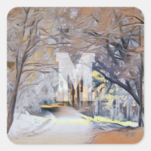 Modern watercolor of colored snowed trees square sticker
