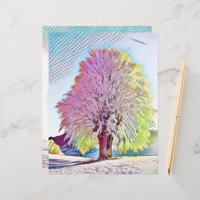 Modern watercolor of coloured snowed trees (Front/Back In Situ)