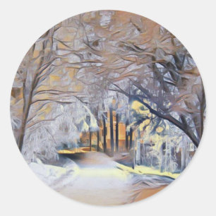 Modern watercolor of coloured snowed trees classic round sticker