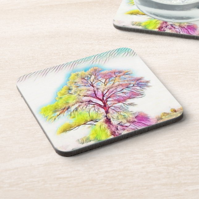 Modern watercolor of coloured snowed trees coaster (Left Side)