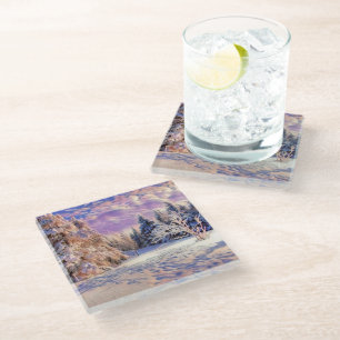 Modern watercolor of coloured snowed trees glass coaster