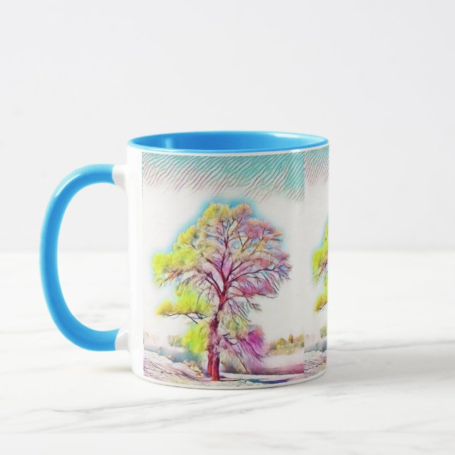 Modern watercolor of coloured snowed trees mug (Left)