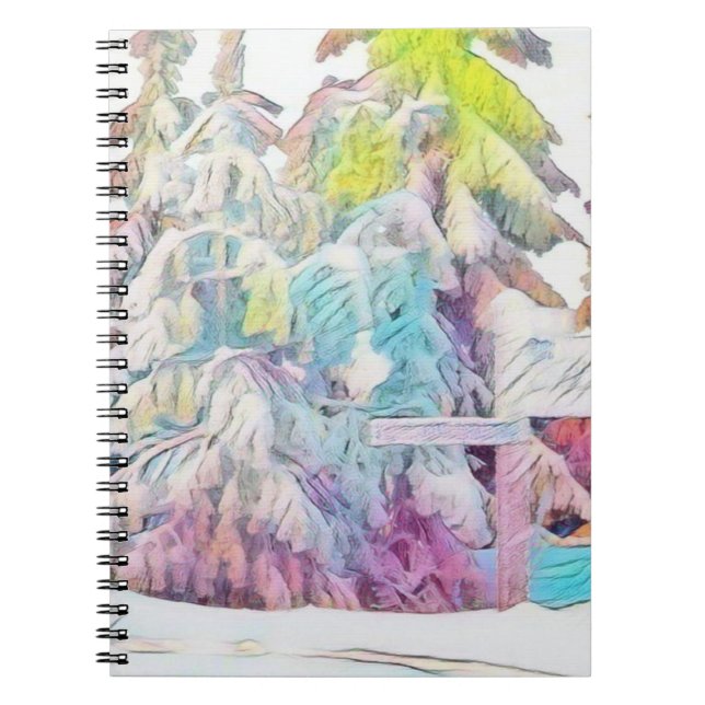 Modern watercolor of coloured snowed trees notebook (Front)