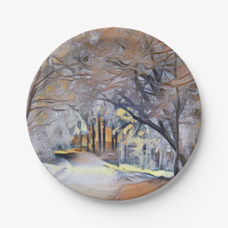 Modern watercolor of coloured snowed trees paper plate
