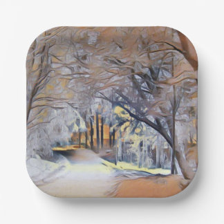 Modern watercolor of coloured snowed trees paper plate