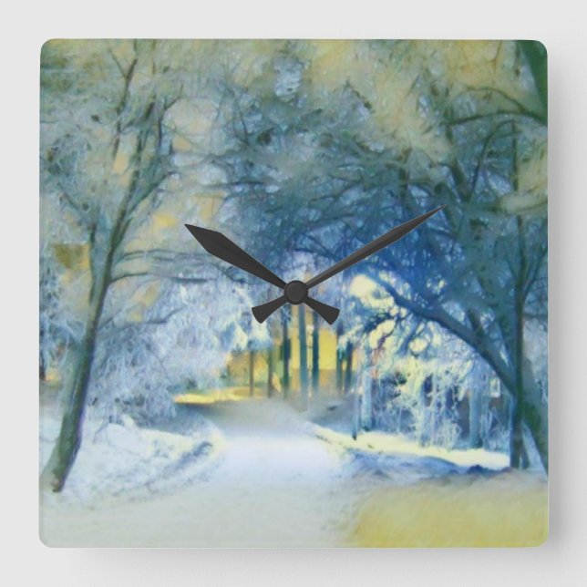 Modern watercolor of coloured snowed trees square wall clock (Front)