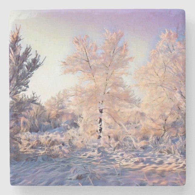 Modern watercolor of coloured snowed trees  stone coaster (Front)