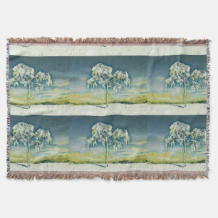Modern watercolor of coloured snowed trees throw blanket