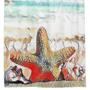 Modern Watercolor of Orange Seashells on Beach Shower Curtain