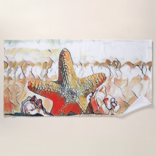Modern Watercolor of Orange Seashells on Beach Towel