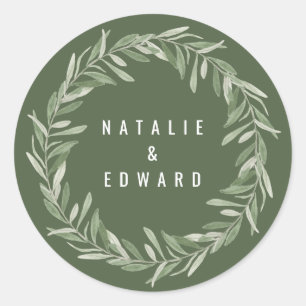 Modern watercolor olive branch foliage wedding classic round sticker