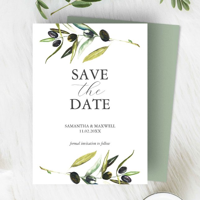 Modern Watercolor Olive Branch Save The Date (wedding save the date botanical watercolor olive branch)