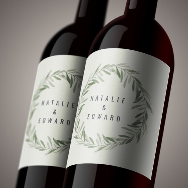 Modern watercolor olive wreath sage wedding wine label (Creator Uploaded)