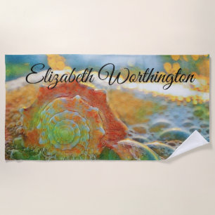 Modern Watercolor Orange and Green Seashell Beach Towel