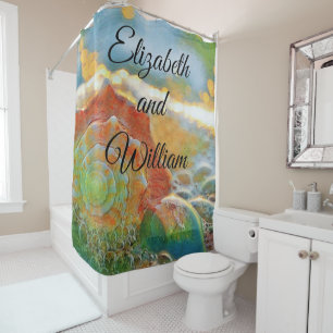 Modern Watercolor Orange and Green Seashell Shower Curtain