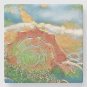 Modern Watercolor Orange and Green Seashell Stone Coaster