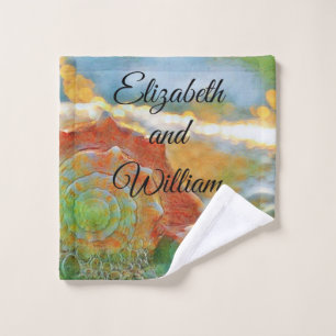 Modern Watercolor Orange and Green Seashell Wash Cloth