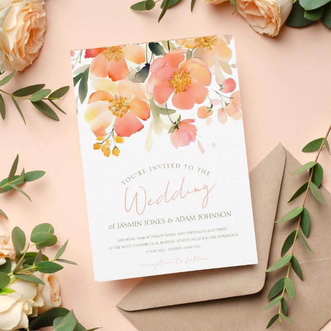 Modern Watercolor Orange Peach Floral Wedding Invitation (Creator Uploaded)