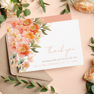 Modern Watercolor Orange Peach Floral Wedding Thank You Card