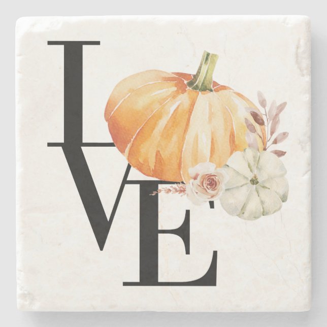 Modern Watercolor Orange Pumpkin With Love Stone Coaster (Front)