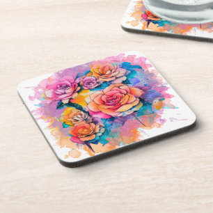 Modern Watercolor Paint Daubs Roses Bouquet Coaster