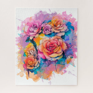 Modern Watercolor Paint Daubs Roses Bouquet Jigsaw Puzzle
