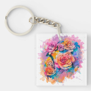 Modern Watercolor Paint Daubs Roses Bouquet Key Ring