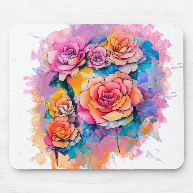Modern Watercolor Paint Daubs Roses Bouquet Mouse Mat (Front)