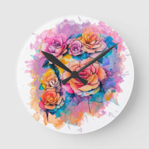 Modern Watercolor Paint Daubs Roses Bouquet Round Clock