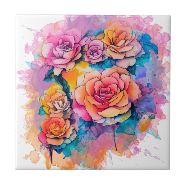 Modern Watercolor Paint Daubs Roses Bouquet Tile (Front)