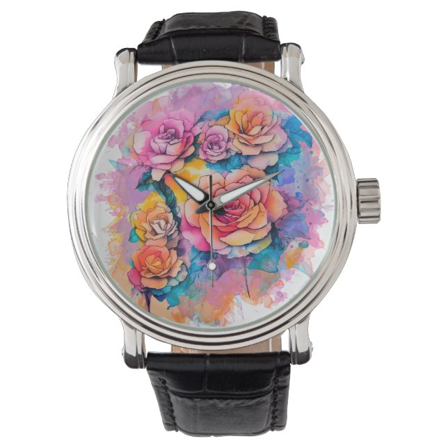 Modern Watercolor Paint Daubs Roses Bouquet Watch (Front)