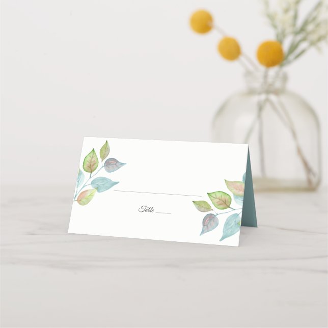 Modern Watercolor Painted Leaf Foliage Wedding Place Card (Front)
