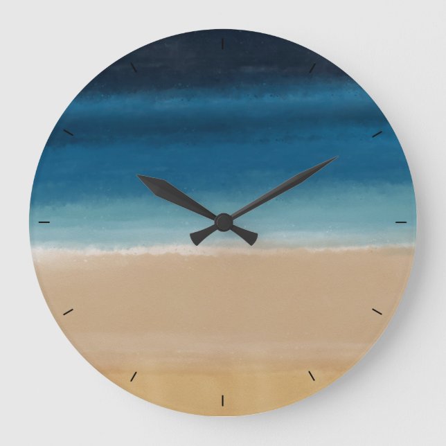 Modern Watercolor Painting Gold Blue Beach Large Clock (Front)