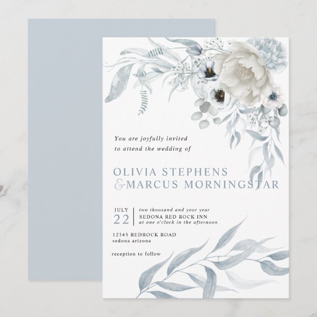 Modern Watercolor Pale Dusty Blue Floral Invitation (Front/Back)
