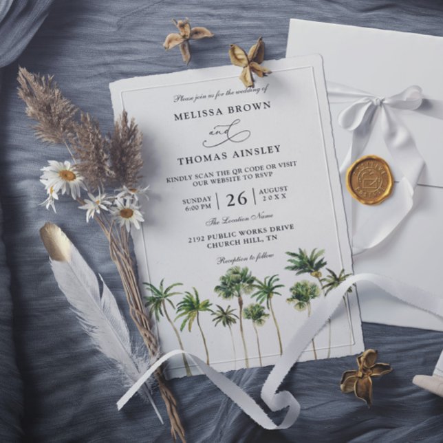 Modern Watercolor Palm Budget QR Code Wedding  Invitation (Creator Uploaded)
