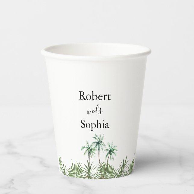 Modern Watercolor Palm Tree Wedding Paper cup (Front)