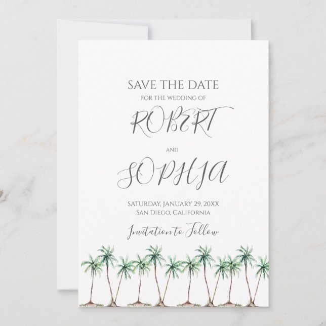 Modern Watercolor Palm Tree Wedding Save The Date (Front)