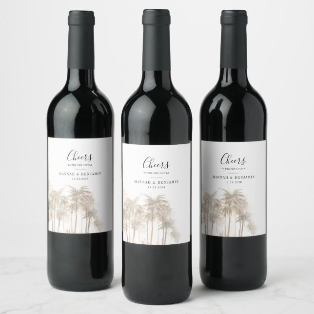 Modern Watercolor Palm Trees Tropical Wedding Wine Label (Bottles)