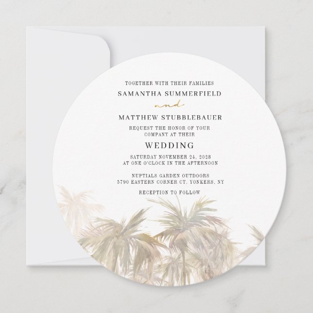 Modern Watercolor Palm Trees Wedding Invitation (Front)