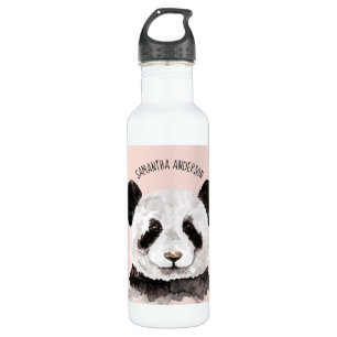 Modern Watercolor Panda With Name And Pastel Pink 710 Ml Water Bottle