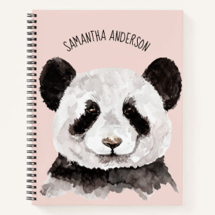 Modern Watercolor Panda With Name And Pastel Pink Notebook