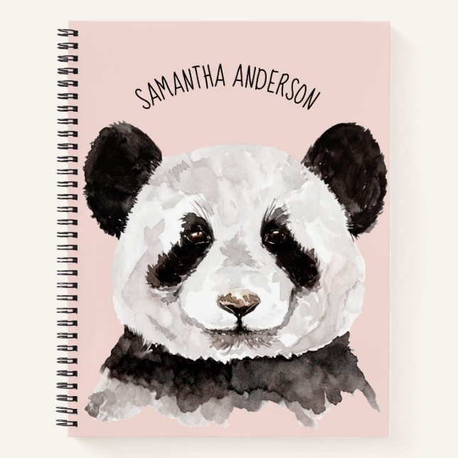 Modern Watercolor Panda With Name And Pastel Pink Notebook (Front)
