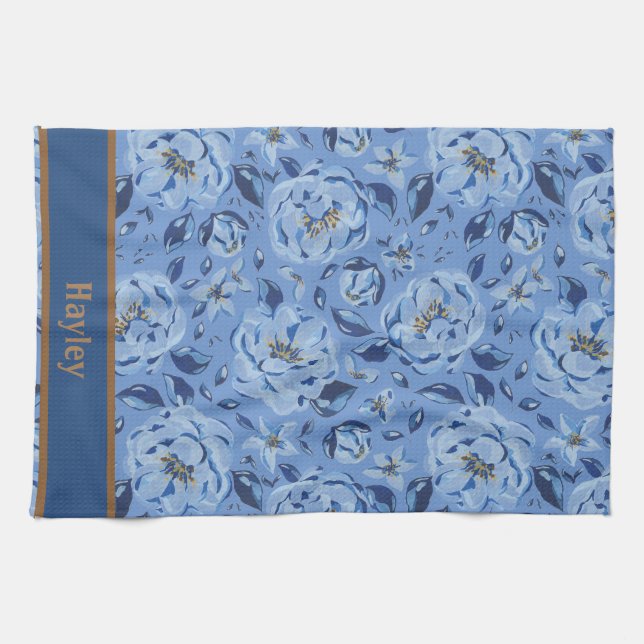 Modern Watercolor Pastel Blue Flowers Pattern Name Tea Towel (Horizontal)