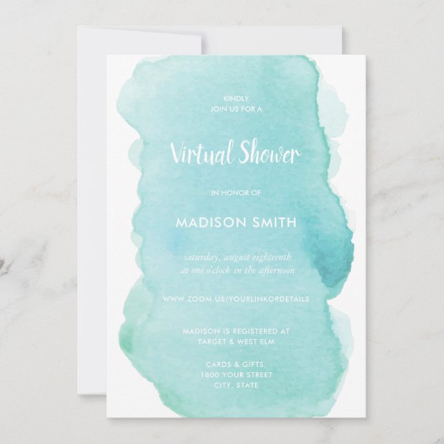 Modern Watercolor Pastel Mint Green Virtual Invitation (Front)