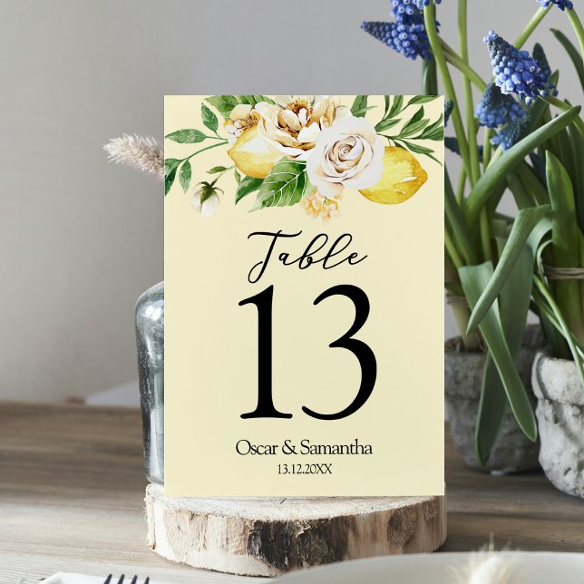 Modern Watercolor Pastel Yellow Lemons & Leaf  Table Number (Creator Uploaded)