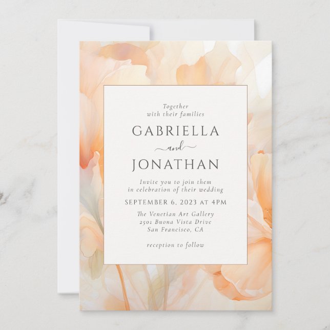 Modern Watercolor Peach Floral Wedding Invitation (Front)
