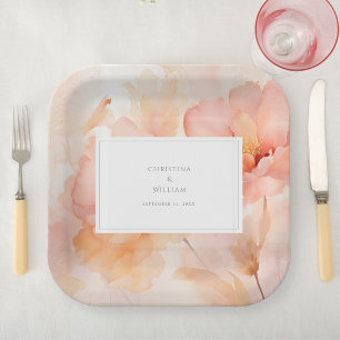 Modern Watercolor Peach Floral Wedding Paper Plate